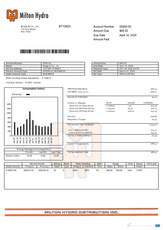Download Canada Milton Hydro electricitybusiness utility bill Word and PDF formats Photoshop template